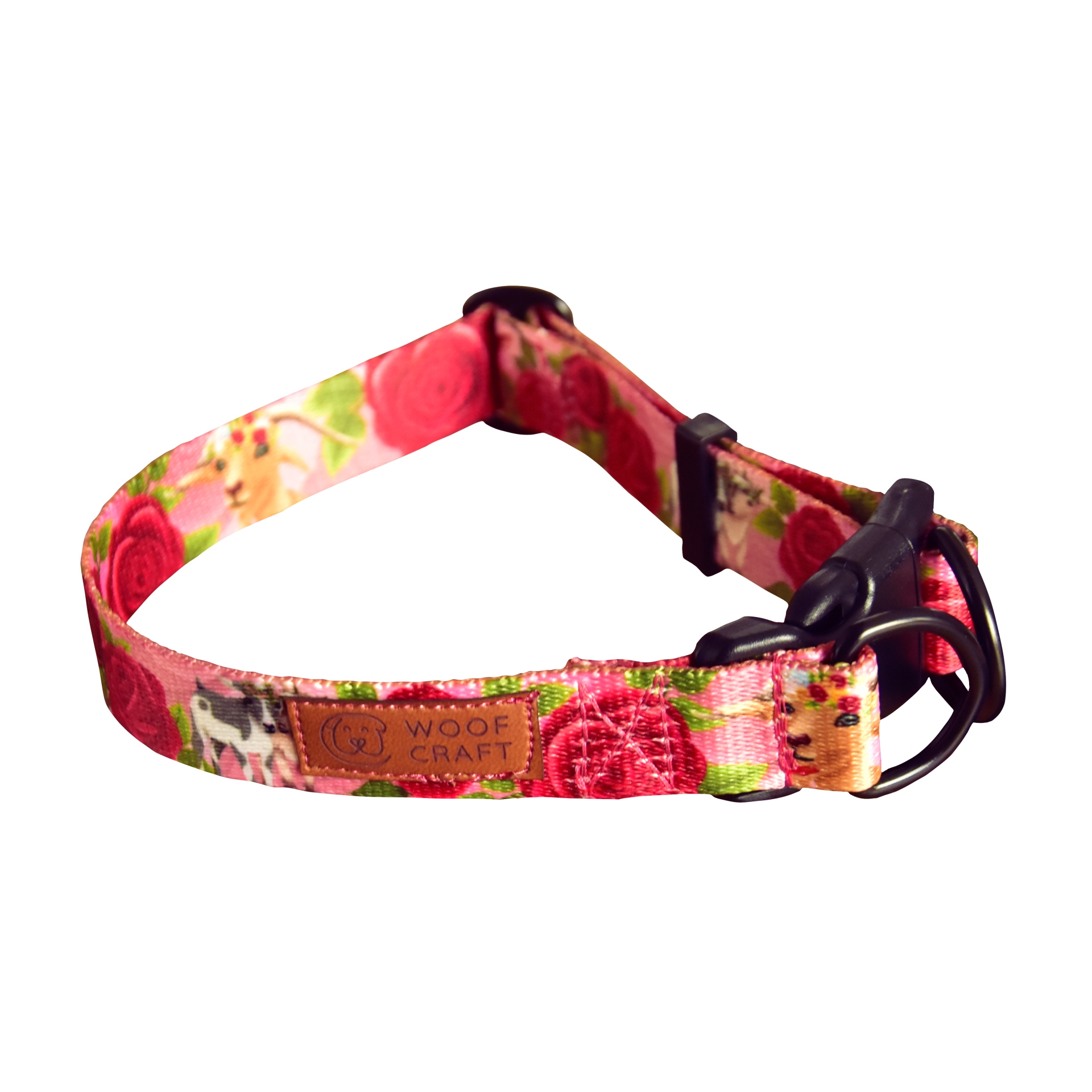 Różowa obroża z zapięciem typu double lock w róże